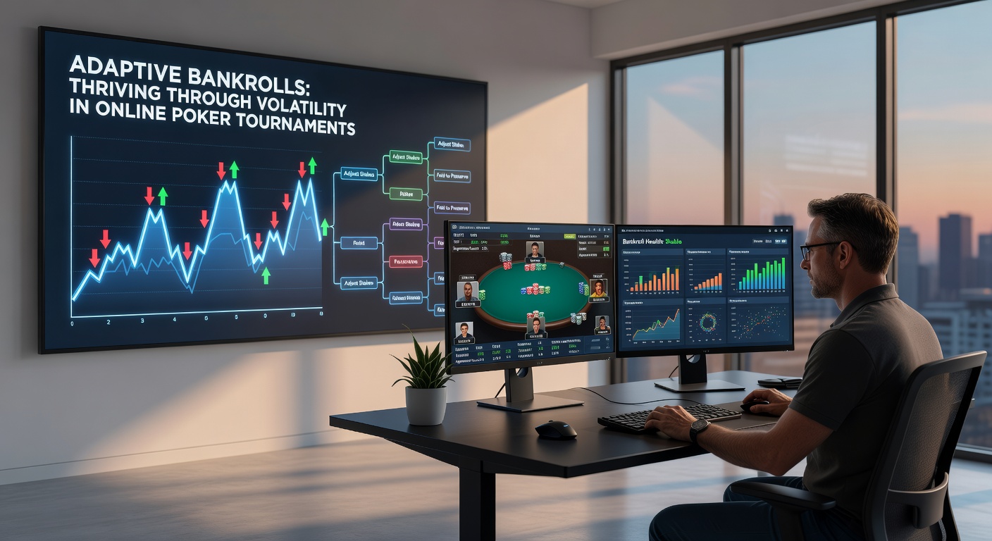 Detaillierte Tabelle mit Bankroll-Anpassungsstrategien und Variance-Charts für MTT-Spieler