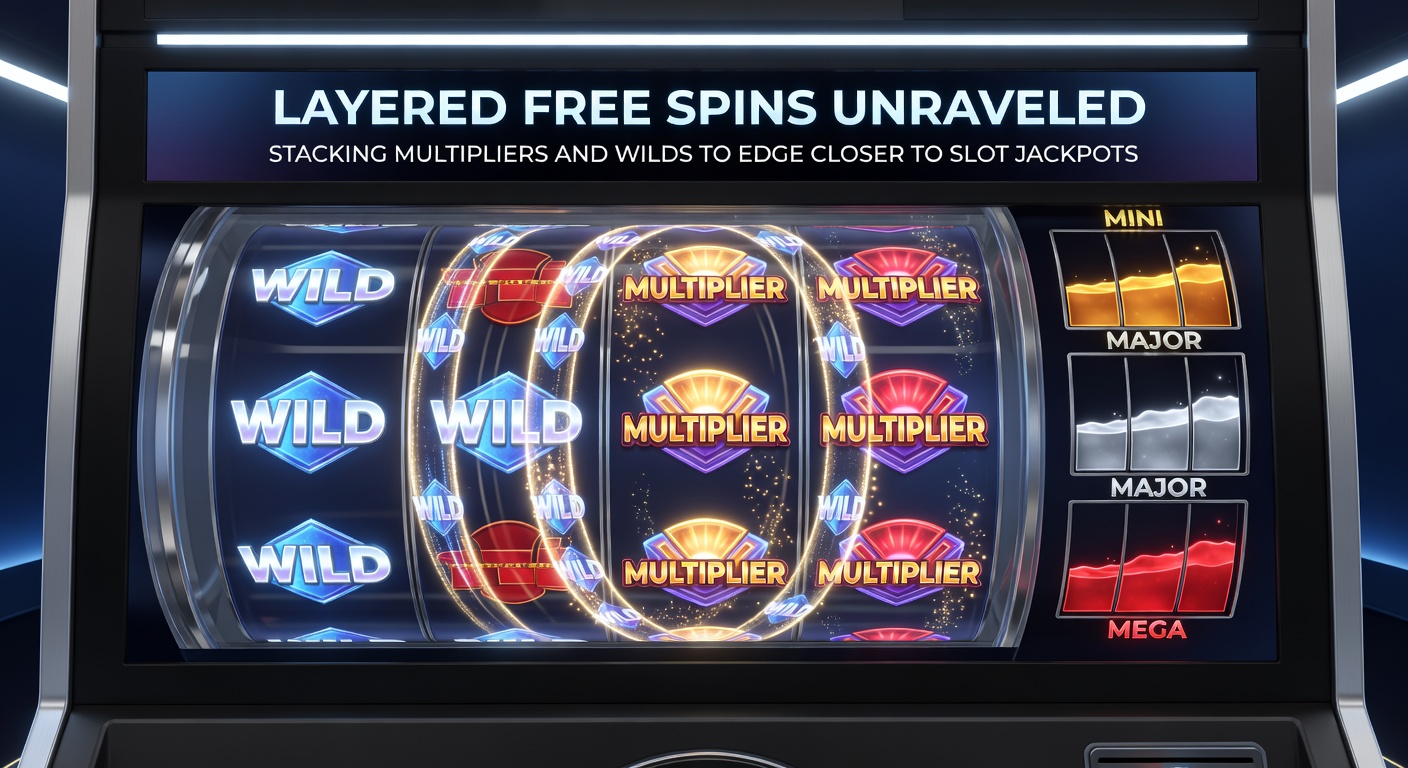 Visuelle Analyse eines Slot-Screens mit gestapelten Wilds und Multiplikatoren während layered free spins, inklusive Jackpot-Anzeige und Gewinnkaskaden