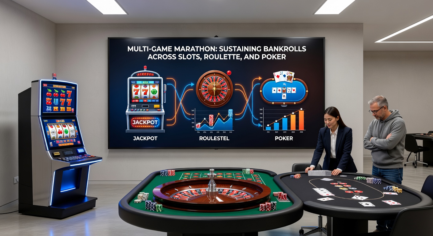 Roulette-Rad dreht sich neben Poker-Chips und Slot-Symbolen, illustriert den nahtlosen Wechsel in einem Multi-Game-Marathon