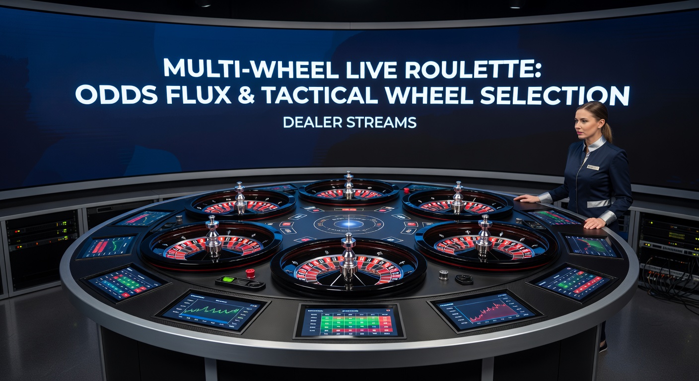 Nahaufnahme eines Dealers, der ein Multi-Wheel-Roulette bedient, mit Statistiken und Heatmaps im Stream-Overlay